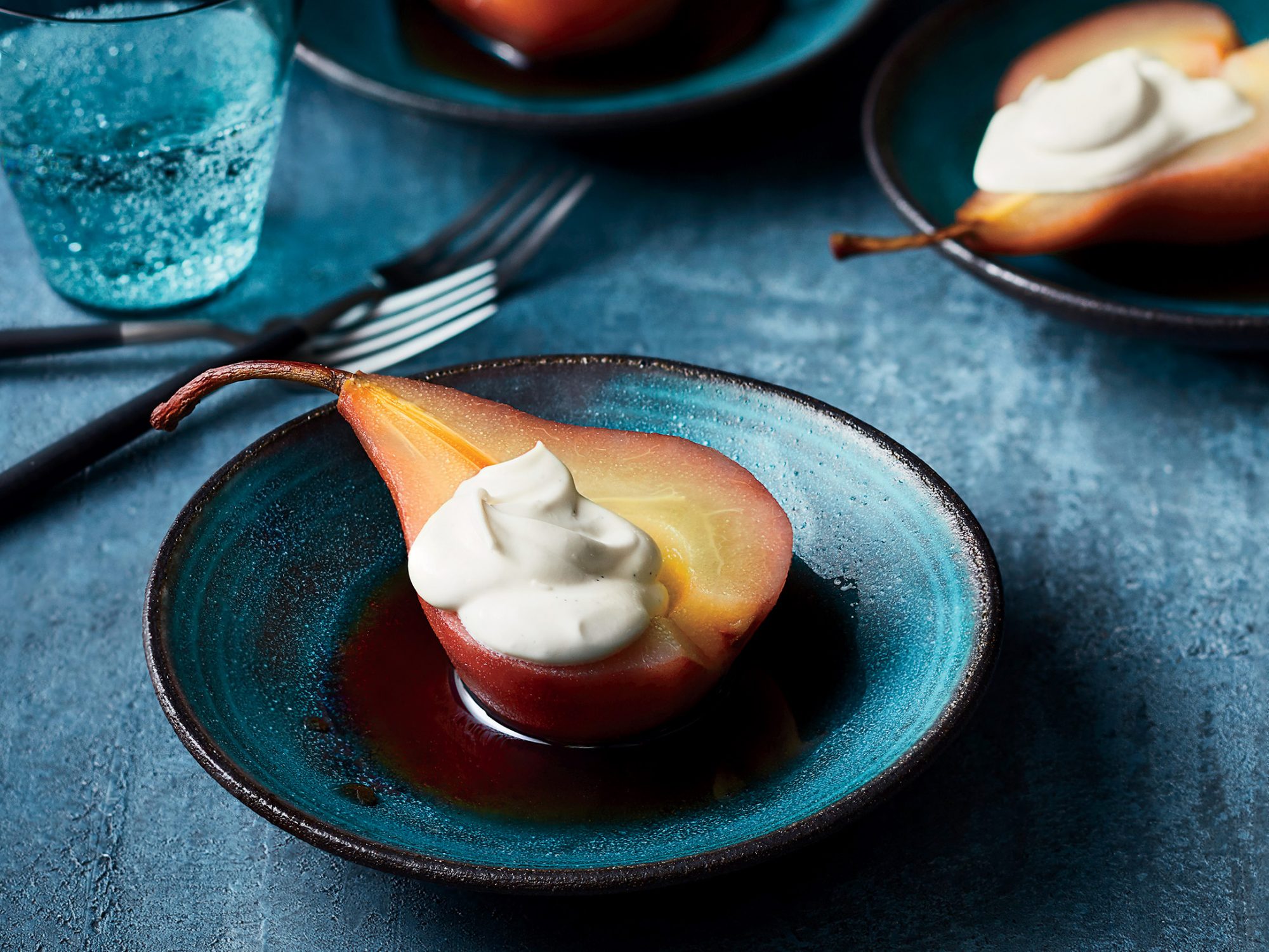 Red Wine–Poached Pears with Cardamom and Vanilla Mascarpone