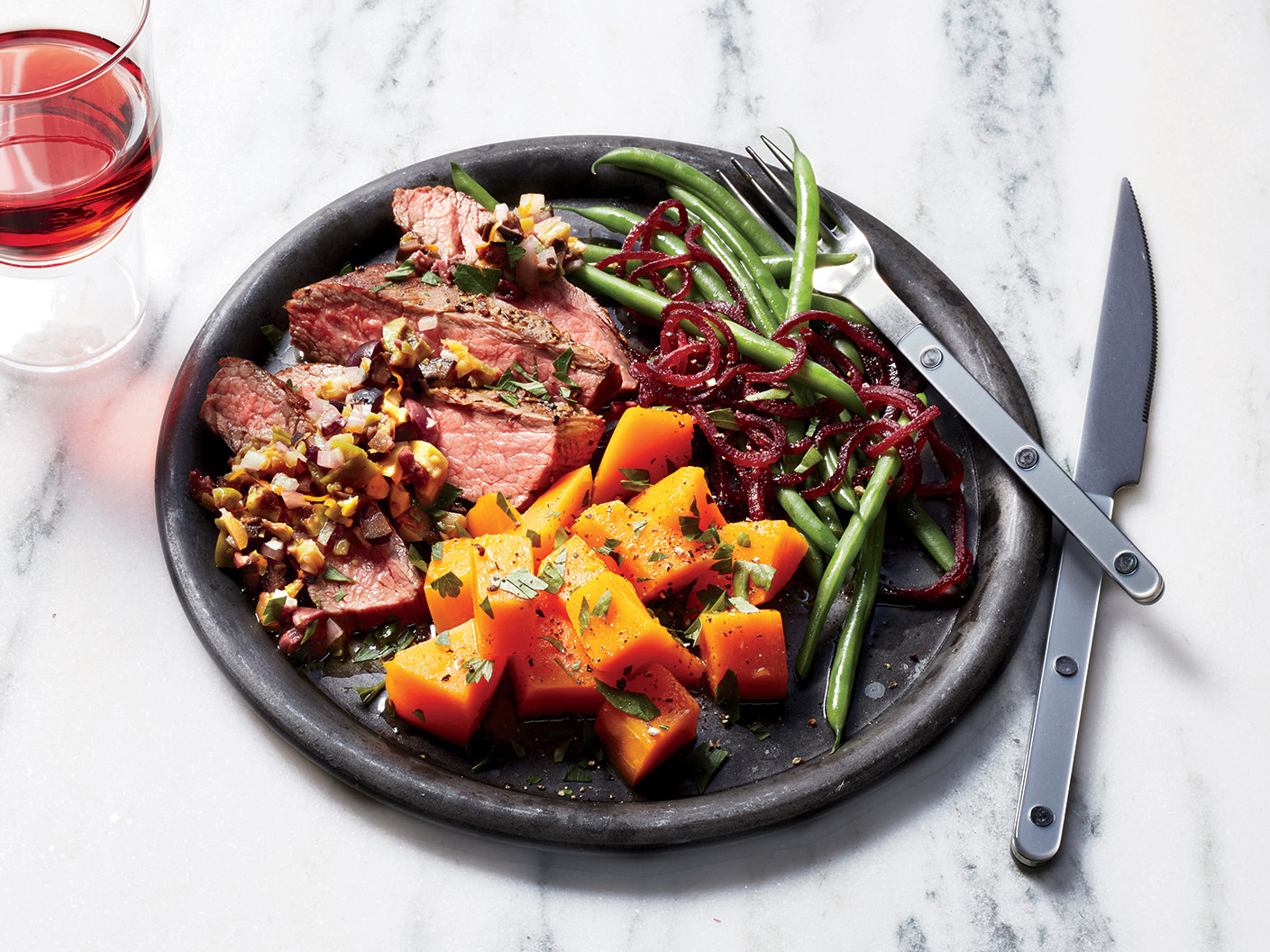Steak with Mixed Olive Tapenade, Butternut Squash, and Green Beans