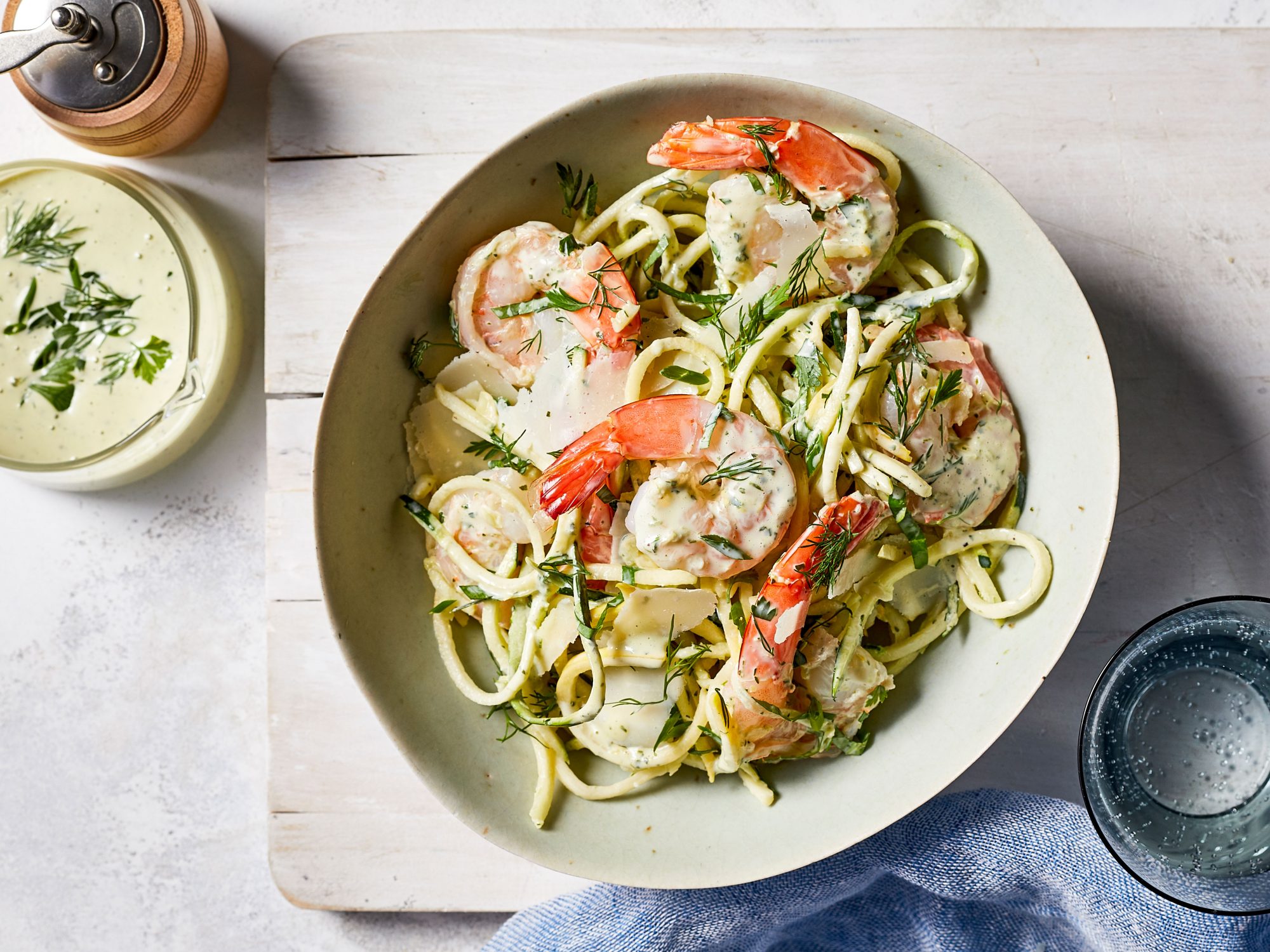 mr- Summer Fresh Zucchini-Squash Zoodles with Shrimp and Green Goddess Dressing