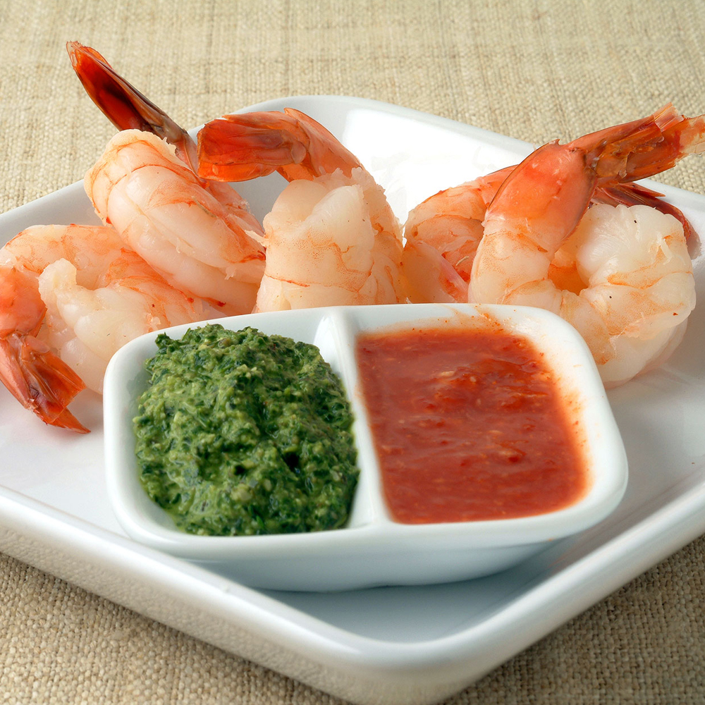 Classic Shrimp Cocktail with Red and Green Sauces 