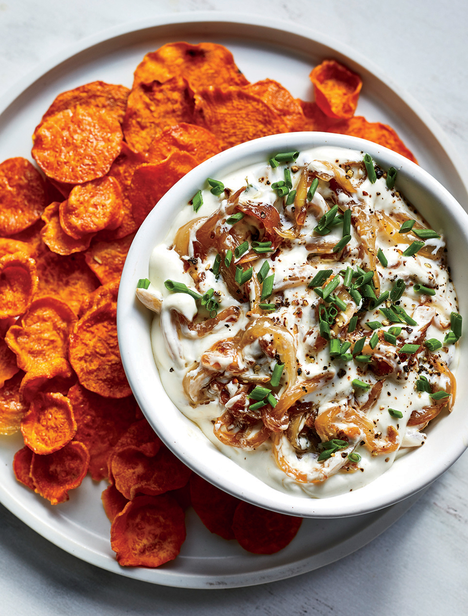 French Onion Dip with Sweet Potato Chips