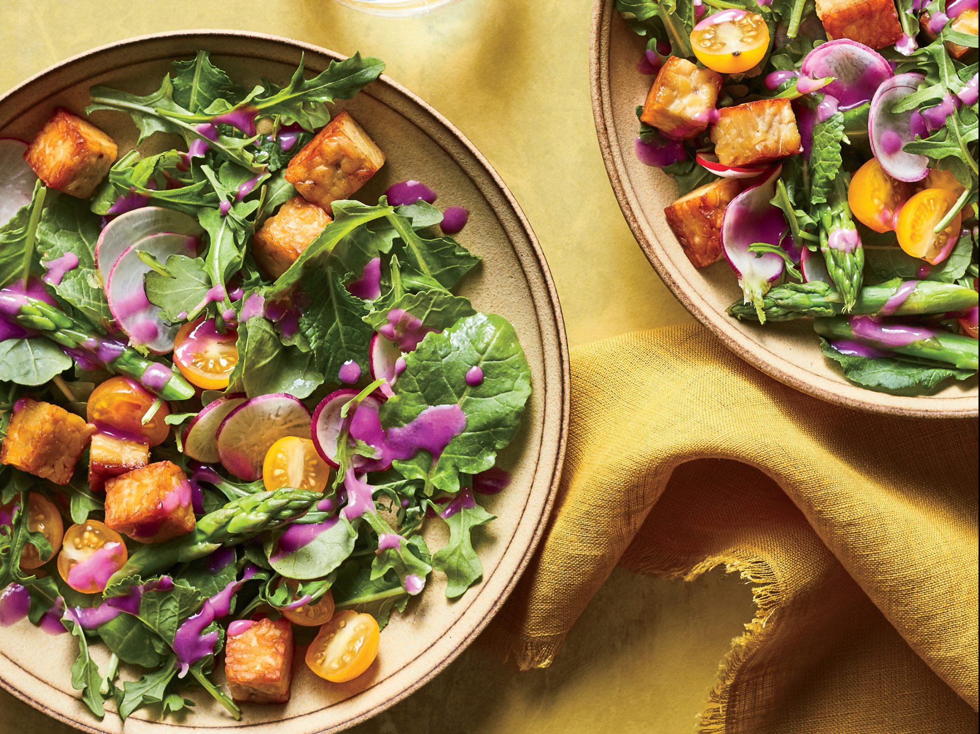 Early Summer Salad with Tempeh Croutons and Beet Dressing