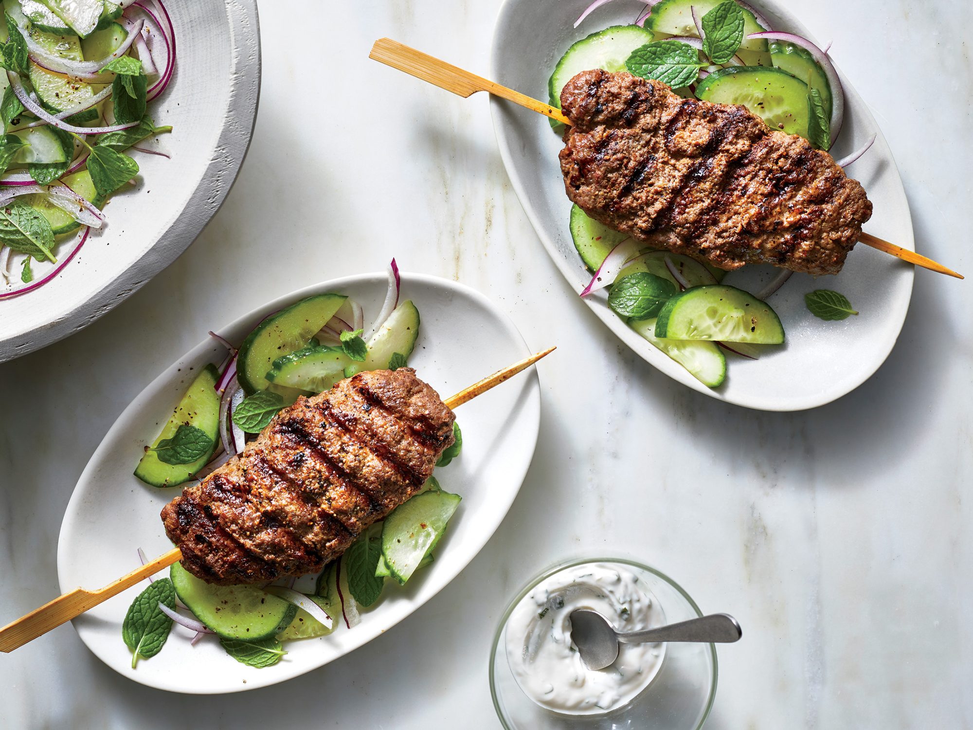Beef Kebabs with Cucumber-Mint Salad