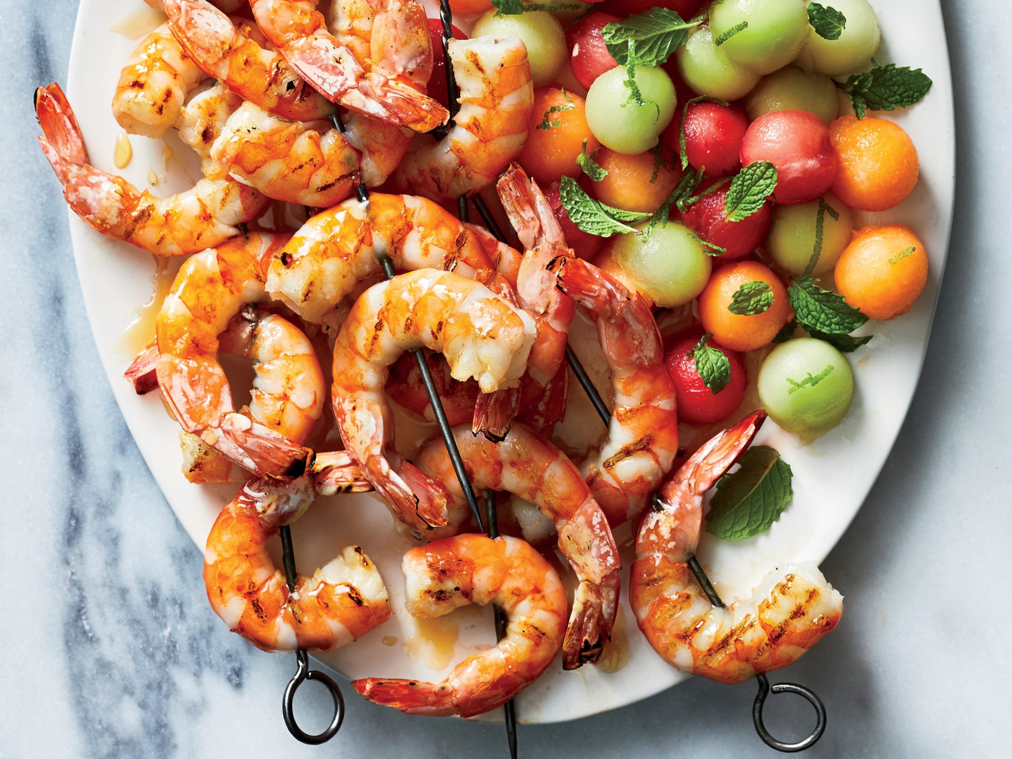 Shrimp Kebabs with Mint and Melon Salad