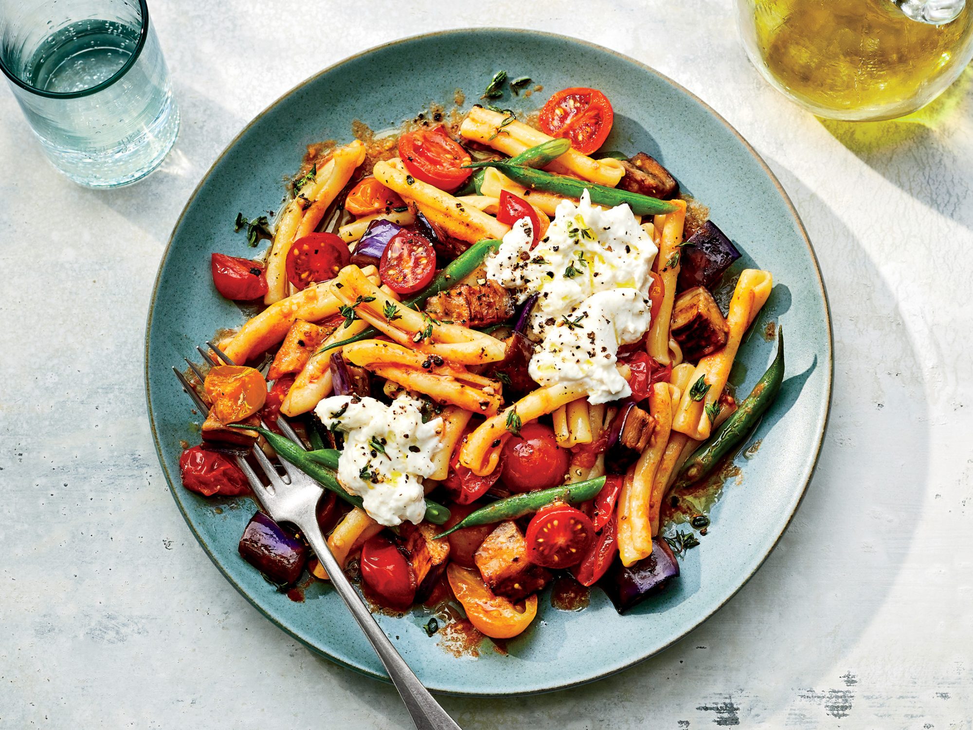 Warm Pasta Salad with Tomatoes and Eggplant