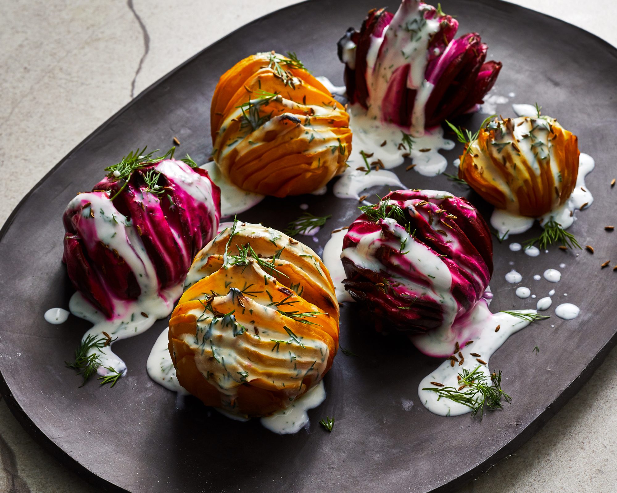 Hasselback Beets with Tangy Dill Sauce and Caraway