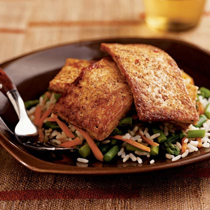 Chili-Glazed Tofu over Asparagus and Rice