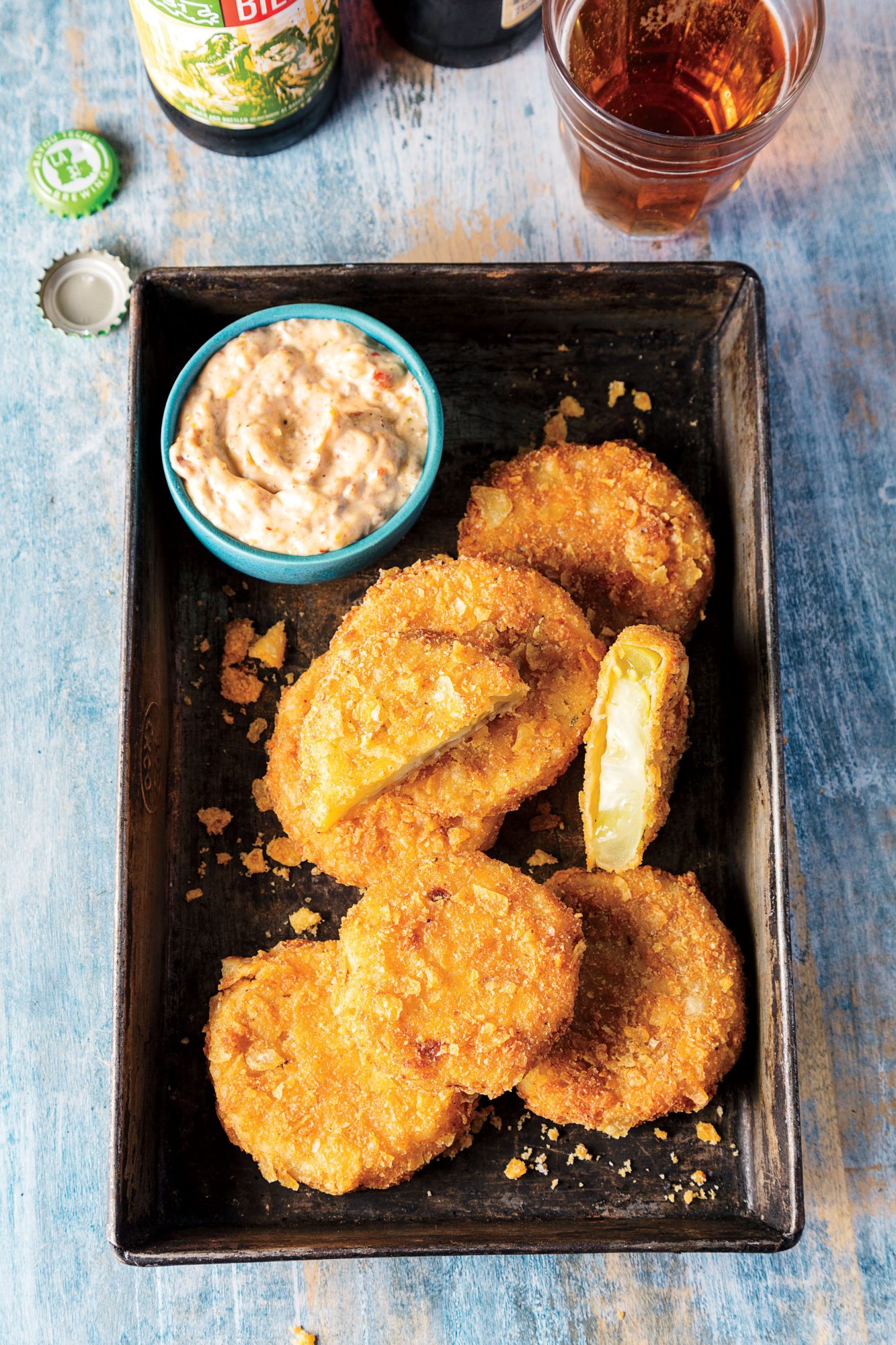 Kettle Chip-Crusted Fried Green Tomatoes with Tasso Tartar Sauce