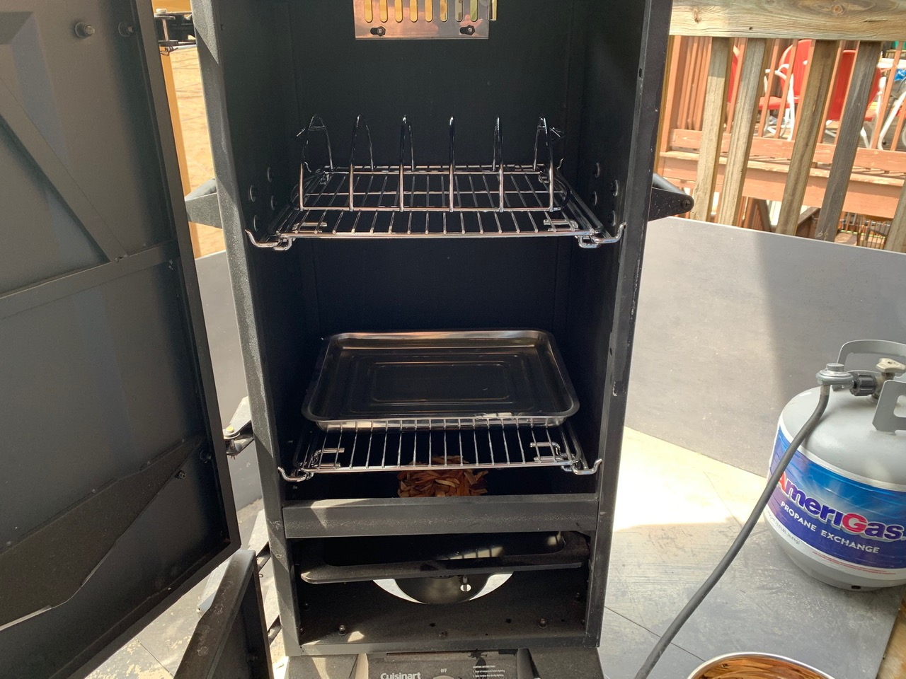 tray, rack and chips in smoker