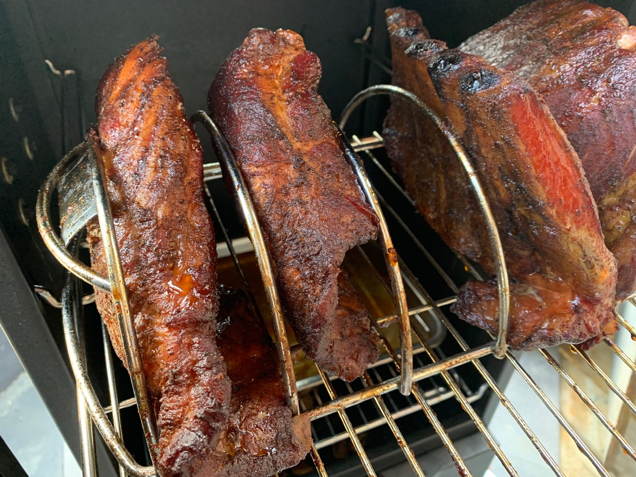 finished ribs in smoker