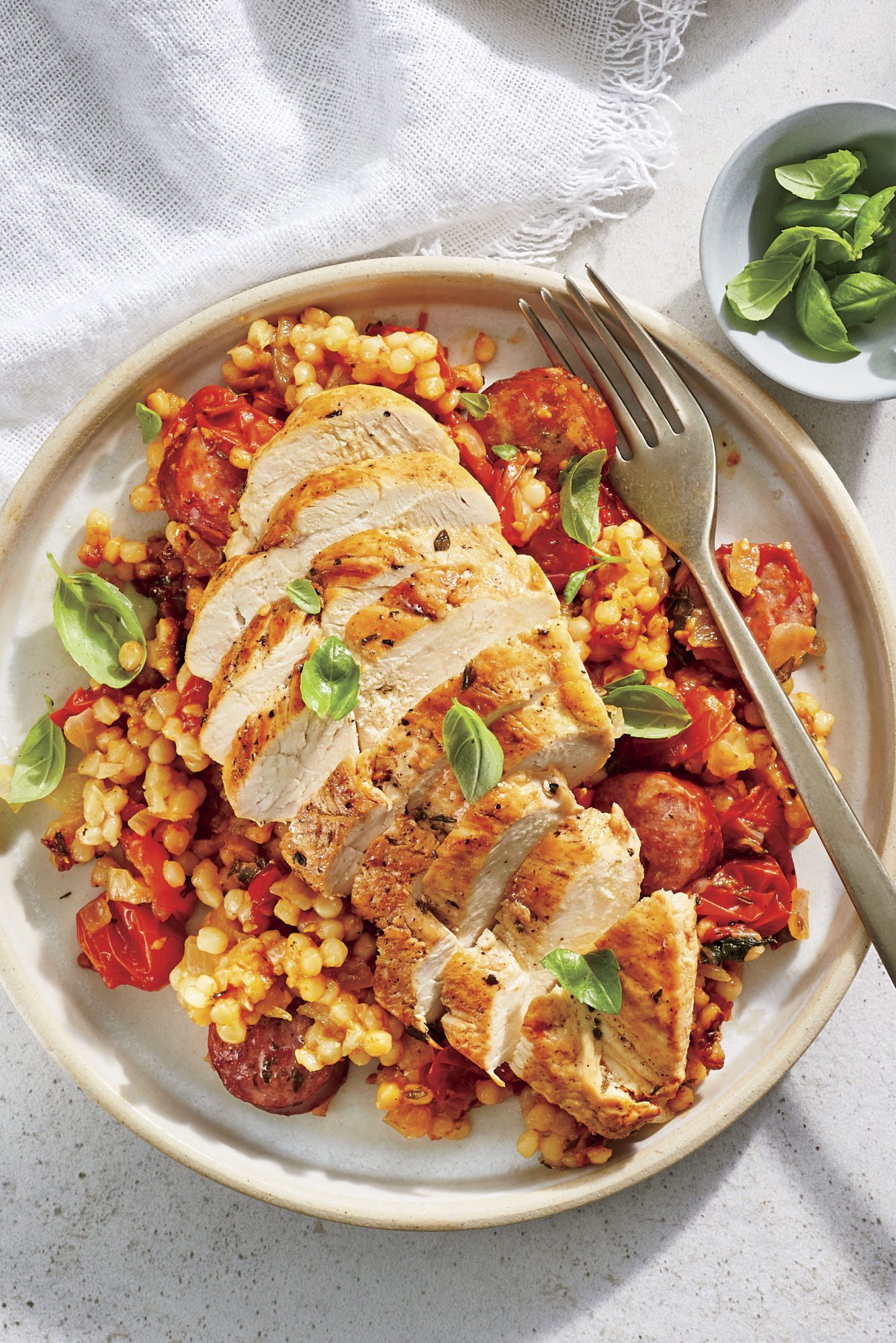 Tomato-Basil Couscous with Chicken and Smoked Sausage