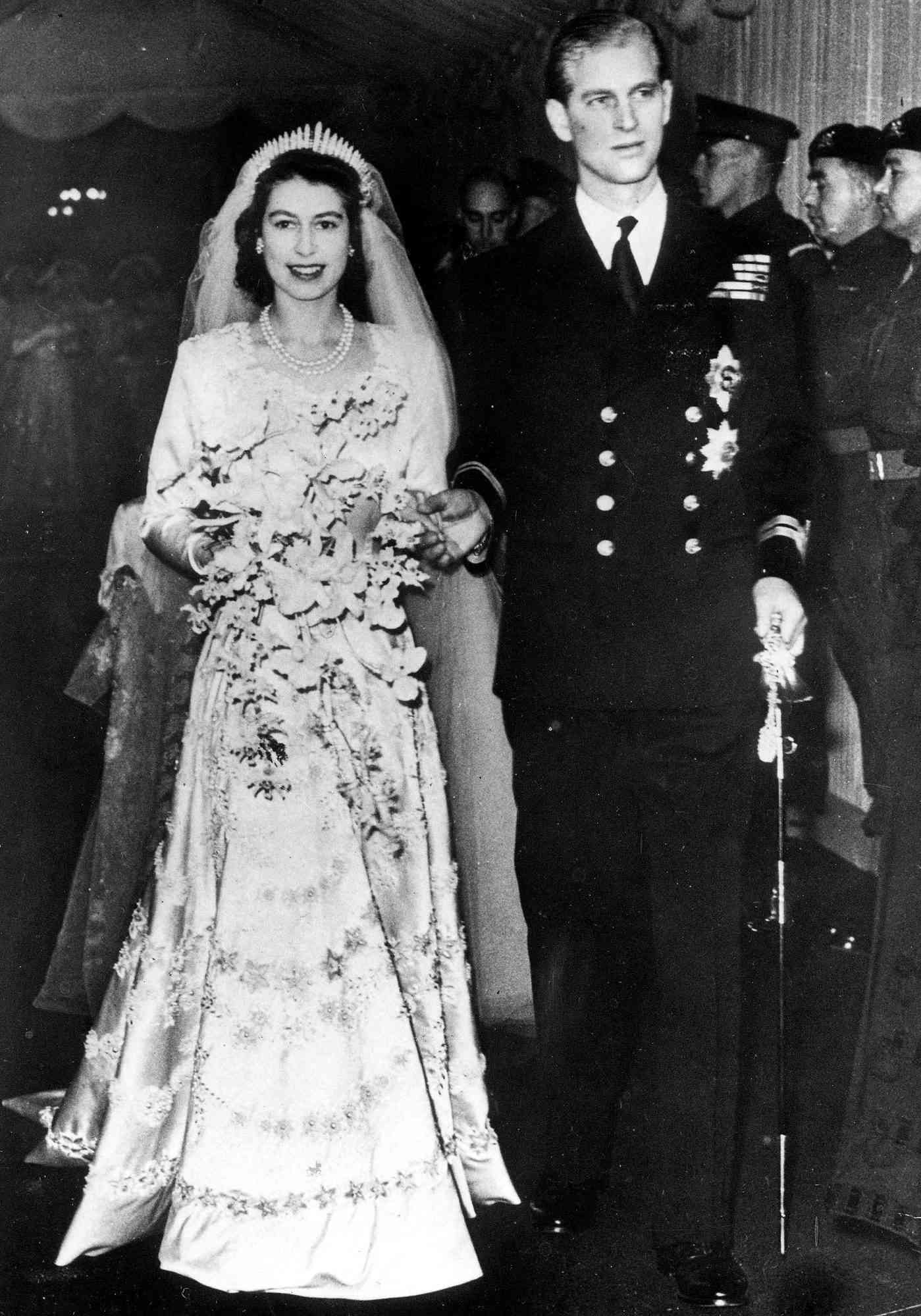 London, England. 20th November, 1947. Princess Elizabeth (later Queen Elizabeth II) and Philip Mountbatten pictured leaving Westminster Abbey after their wedding ceremony.