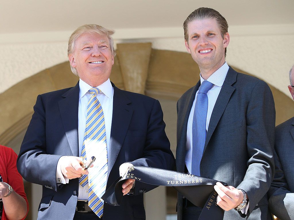 TURNBURRY, SCOTLAND - JUNE 08: Donald Trump and son Eric Trump visit Turnberry Golf Club, after its $10 Million refurbishment on June 8, 2015 in Turnberry, Scotland.