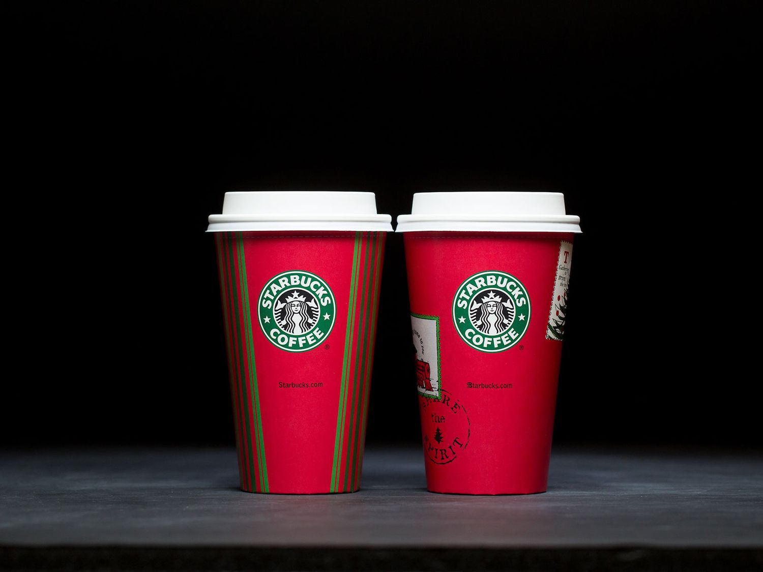 red stamp and line pattern holiday cups