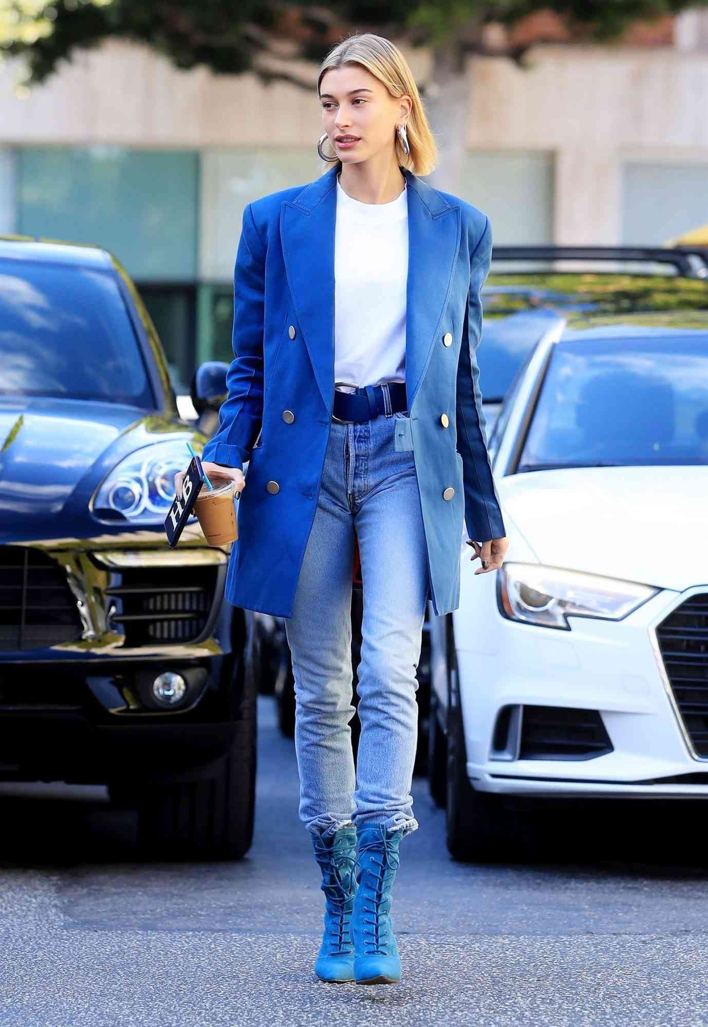 Hailey Baldwin stands out in blue as she picks up an iced coffee in Beverly Hills