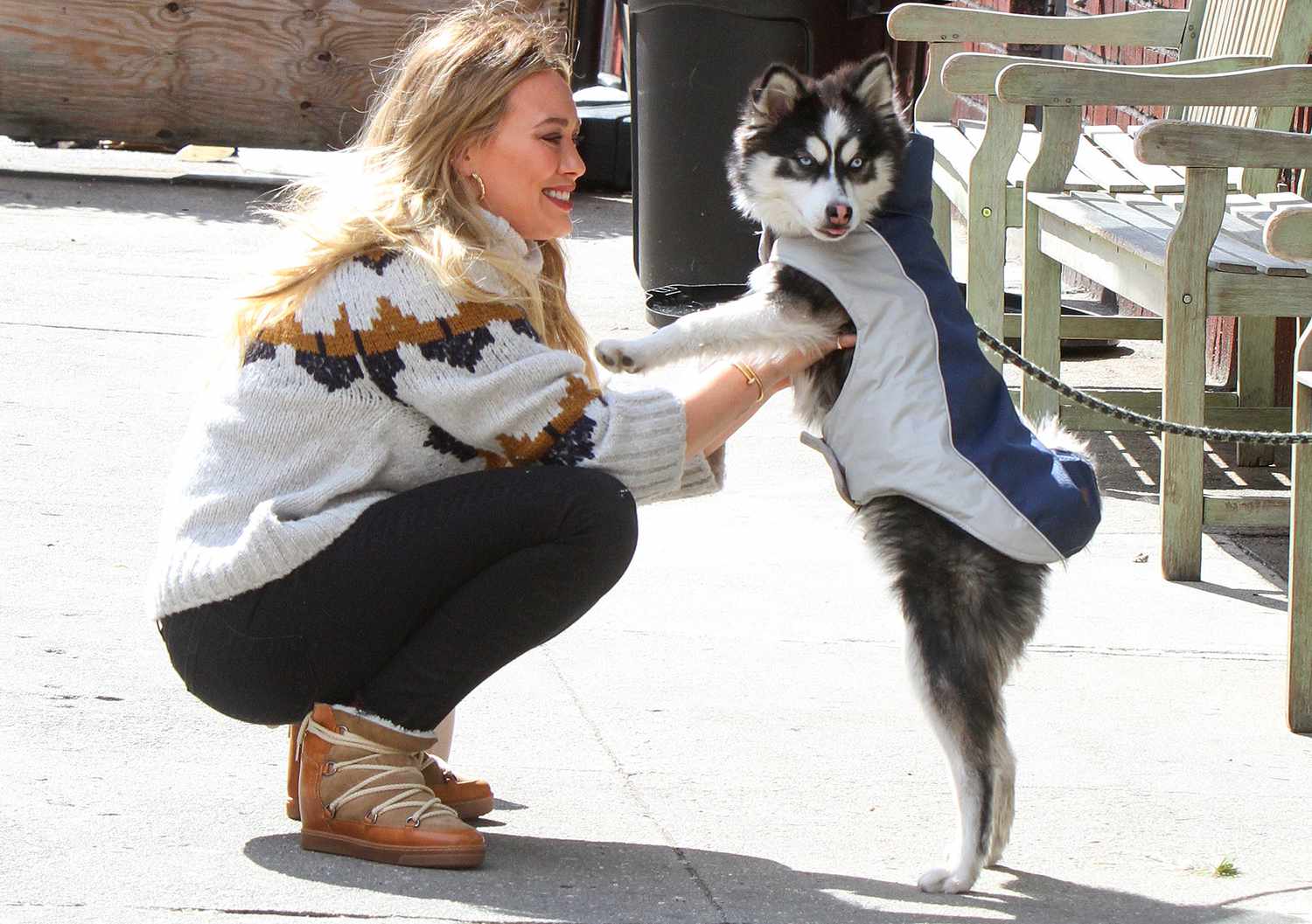 Hilary Duff playing with a puppy at the "Younger" set in NYC
