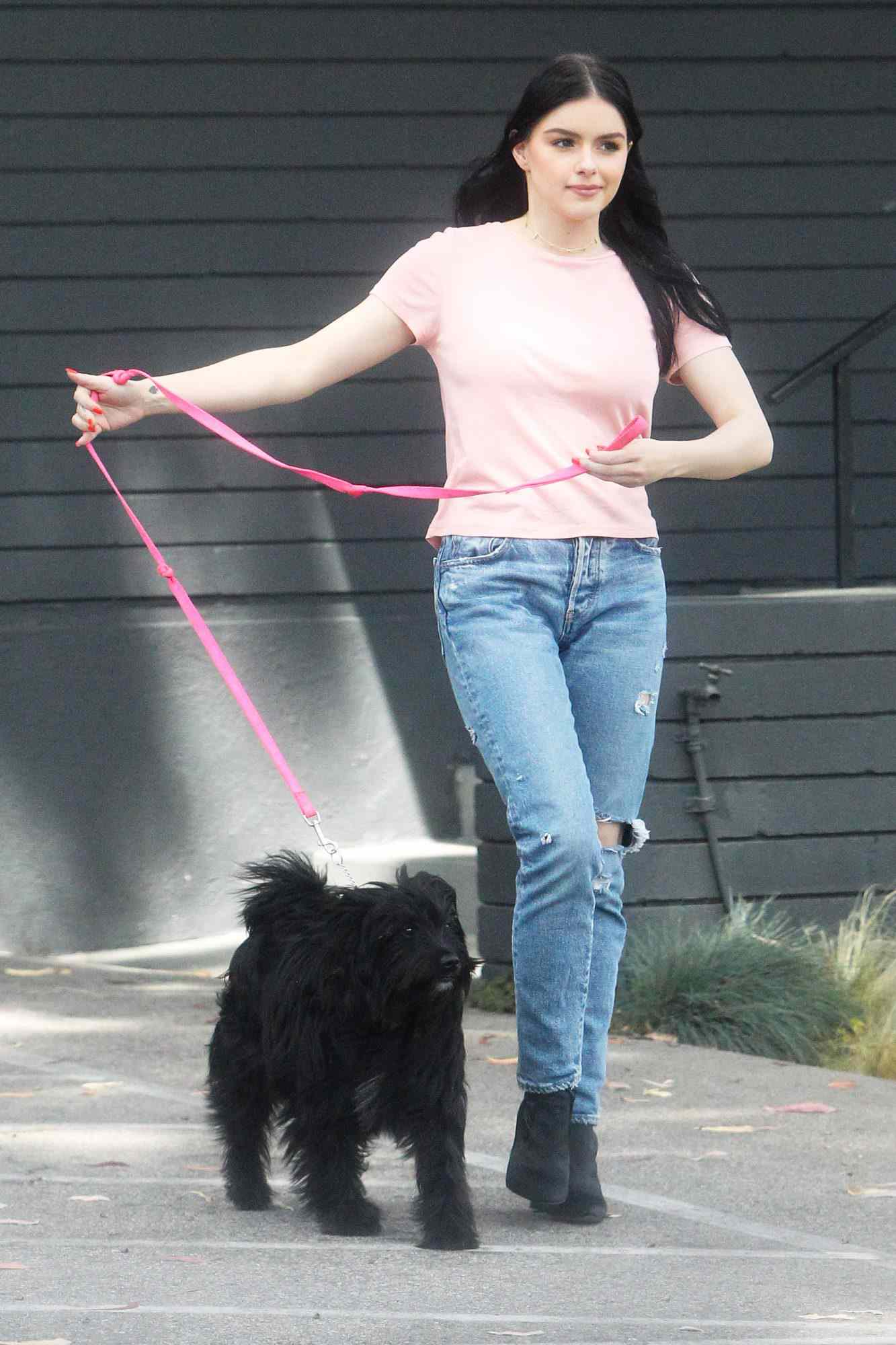 EXCLUSIVE: Ariel Winter takes a cute pooch for a walk during a break from filming in Los Angeles