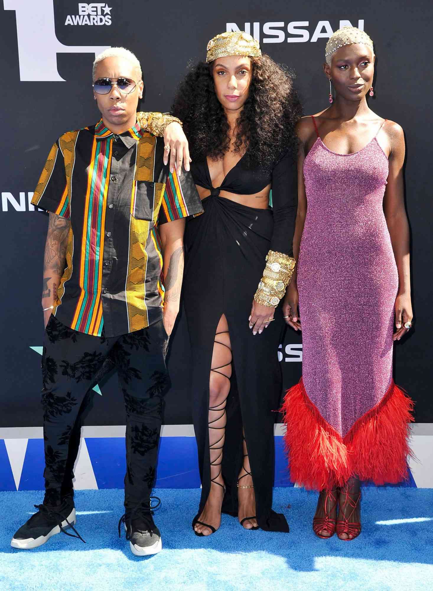 Mandatory Credit: Photo by Richard Shotwell/Invision/AP/Shutterstock (10319946bm) Lena Waithe, Melina Matsoukas, Jodie Turner-Smith. Lena Waithe, from left, Melina Matsoukas and Jodie Turner-Smith arrive at the BET Awards, at the Microsoft Theater in Los Angeles 2019 BET Awards - Arrivals, Los Angeles, USA - 23 Jun 2019