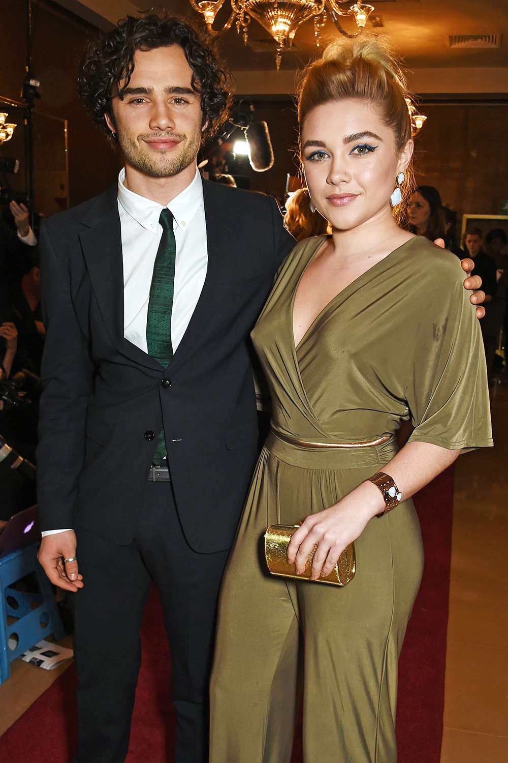 Toby Sebastian (L) and Florence Pugh arrive at The London Critics' Circle Film Awards at The May Fair Hotel on January 17, 2016 in London, England
