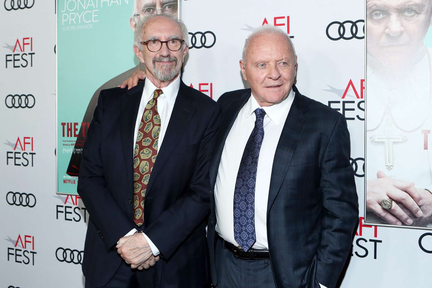 Jonathan Pryce and Anthony Hopkins attend The Two Popes Gala Event at TCL Chinese Theatre on November 18, 2019 in Hollywood, California.