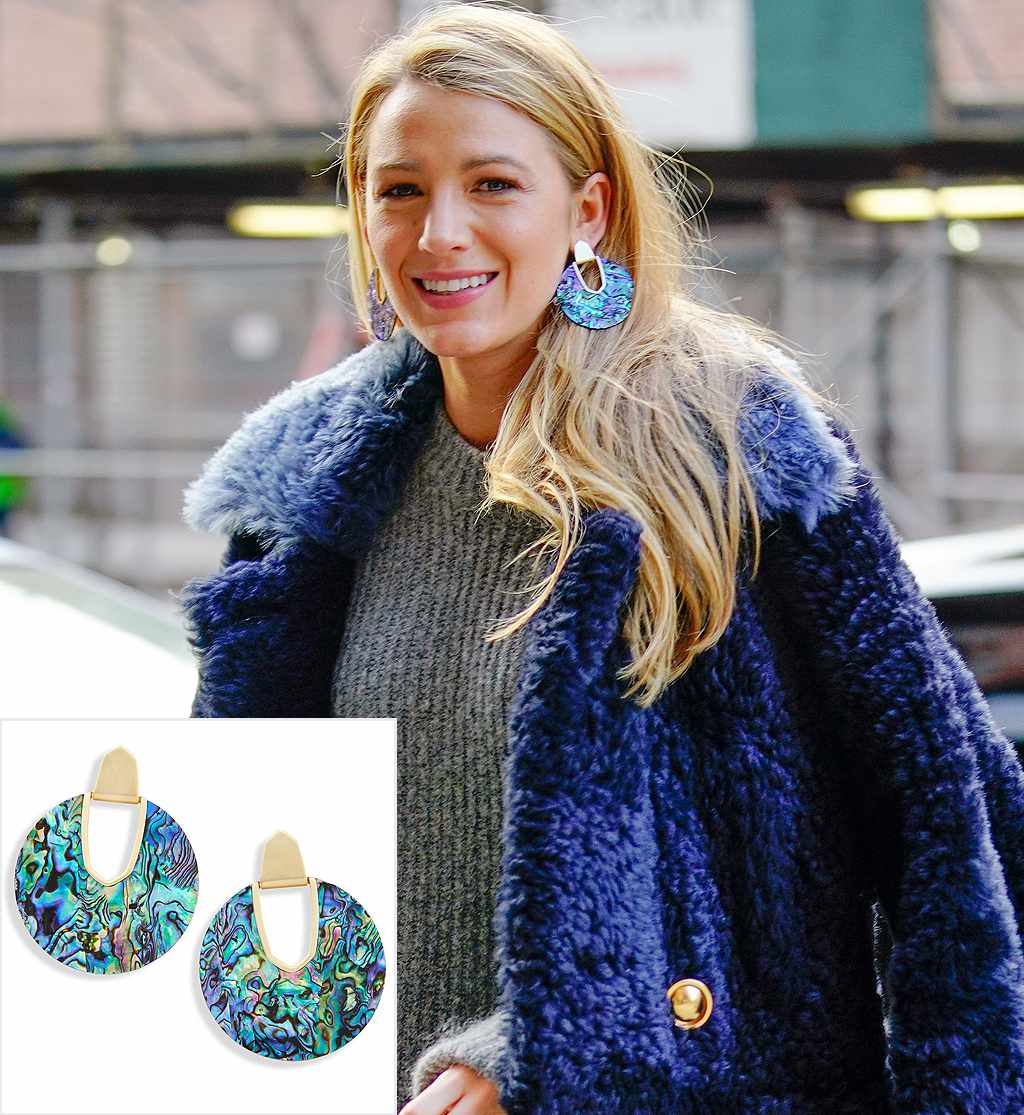Blake Lively out and about in a cute grey outfit with knee-high boots and blue furry coat in New York