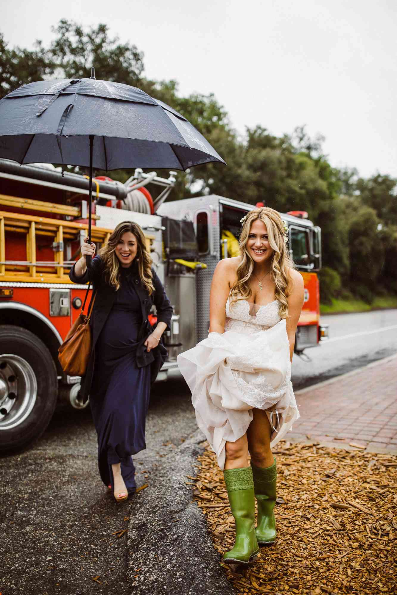 Firefighters Help Stranded Bride - Julie and Geof's wedding day - firefighters escorting Julie to wedding venue at the 1909 in Topanga Canyon