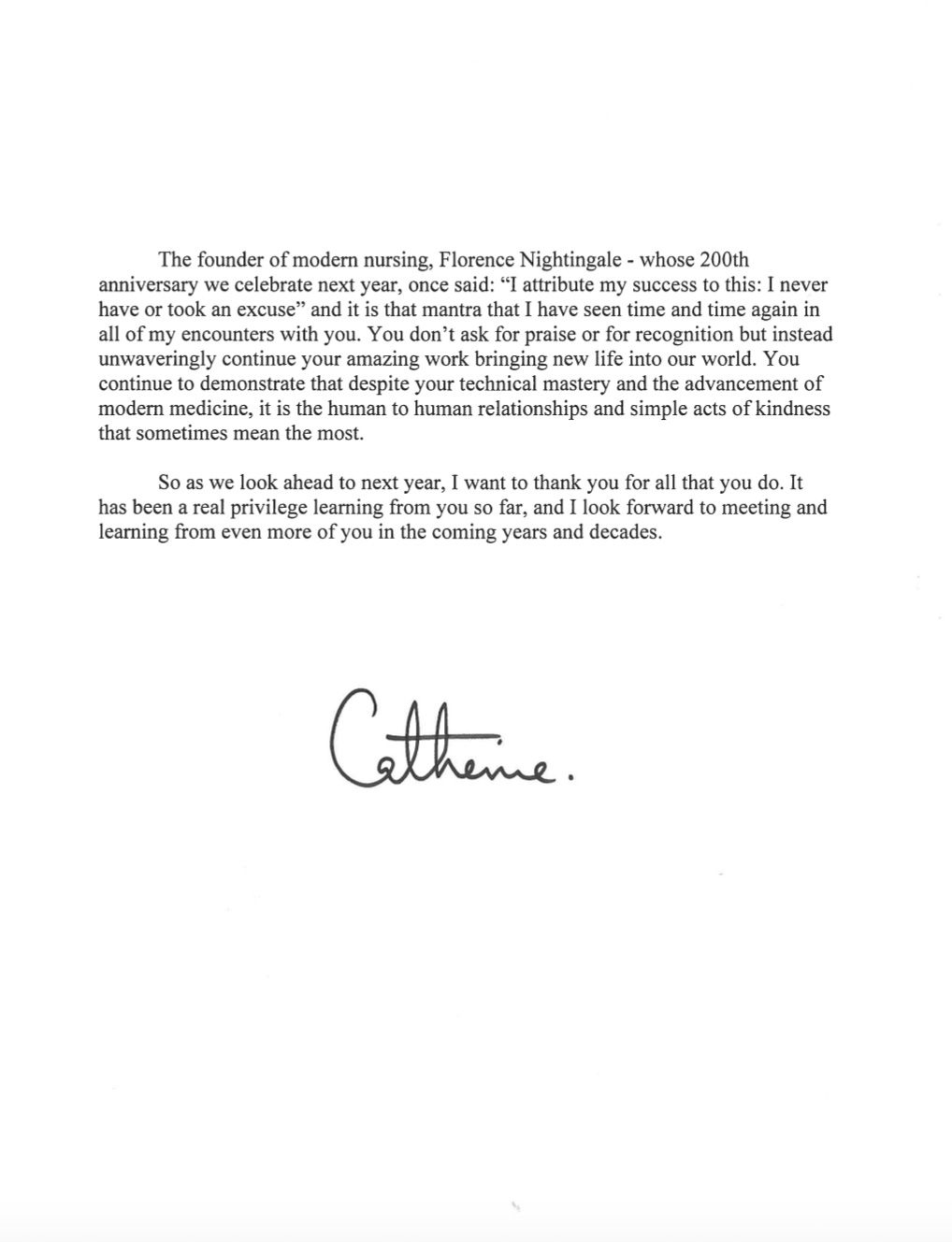 Catherine, Duchess of Cambridge letter to midwives