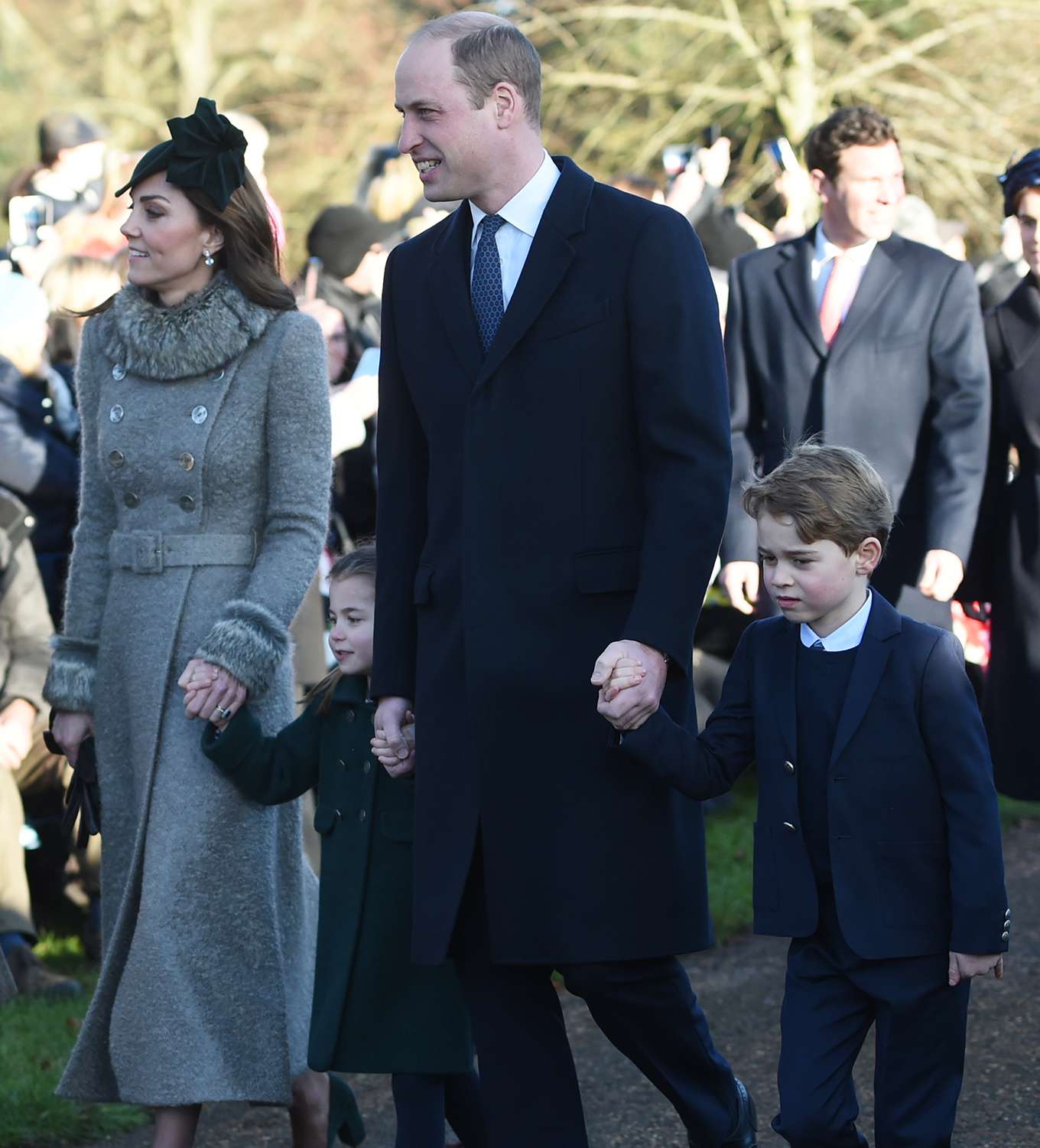 The Duke and Duchess of Cambridge and their children Prince George and Princess Charlotte arriving to attend the Christmas Day morning church service at St Mary Magdalene Church in Sandringham, Norfolk. (Photo by Joe Giddens/PA Images via Getty Images)