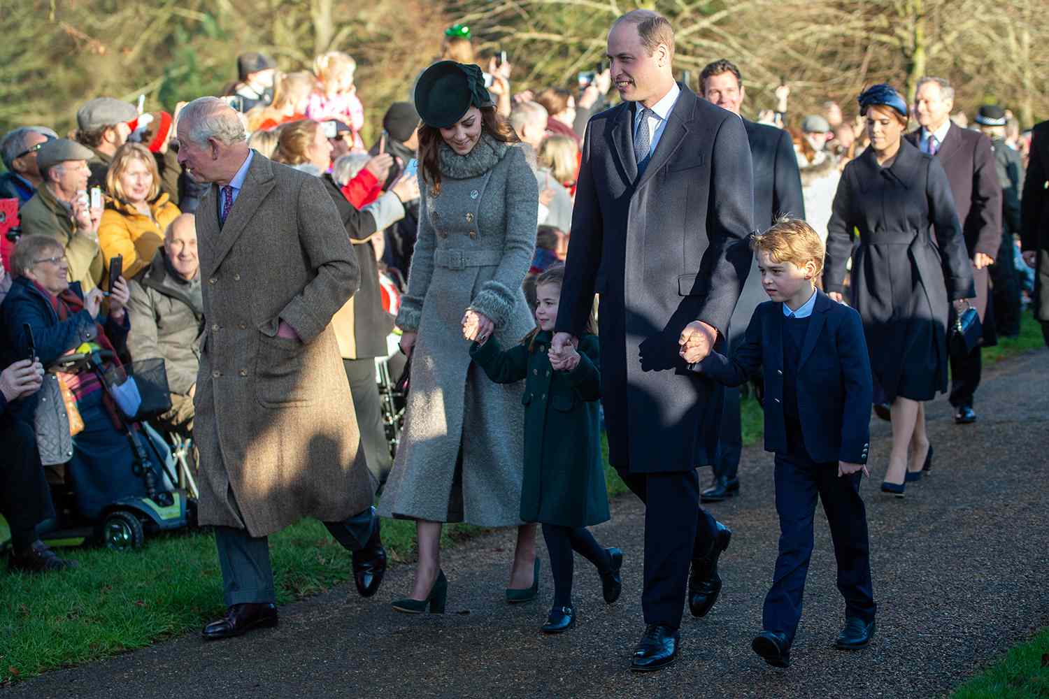 The Prince of Wales, The Duke and Duchess of Cambridge and their children Prince George and Princess Charlotte arriving to attend the Christmas Day morning church service at St Mary Magdalene Church in Sandringham, Norfolk. (Photo by Joe Giddens/PA Images via Getty Images)
