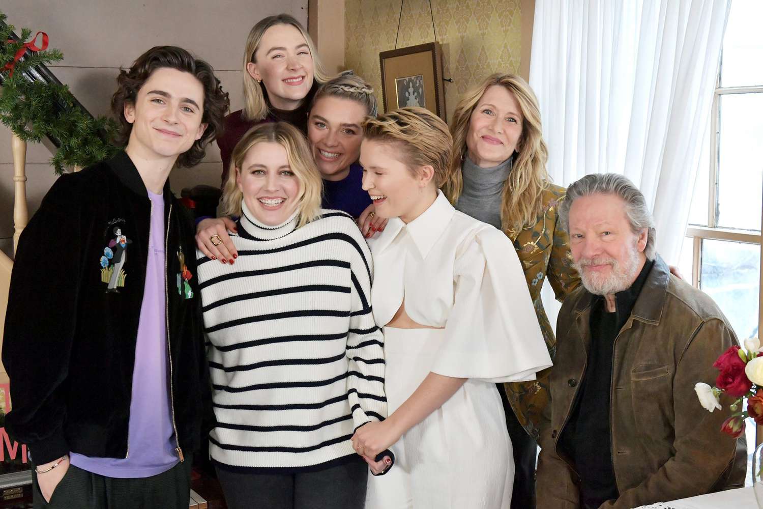 Timothee Chalamet, Greta Gerwig, Saoirse Ronan, Florence Pugh, Eliza Scanlan, Laura Dern and Chris Cooper attend the 'Little Women" Orchard House photo call at the Louisa May Alcott Orchard House on December 4, 2019 in Concord, Massachusetts