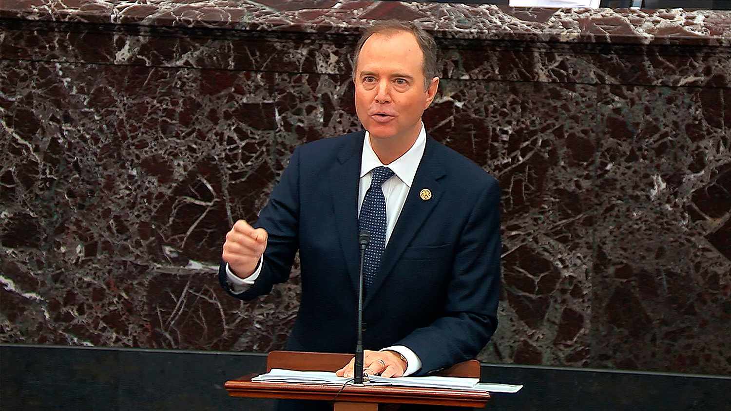 In this image from video, House impeachment manager Rep. Adam Schiff, D-Calif., speaks during the impeachment trial against President Donald Trump in the Senate at the U.S. Capitol in Washington Trump Impeachment, Washington, USA - 22 Jan 2020