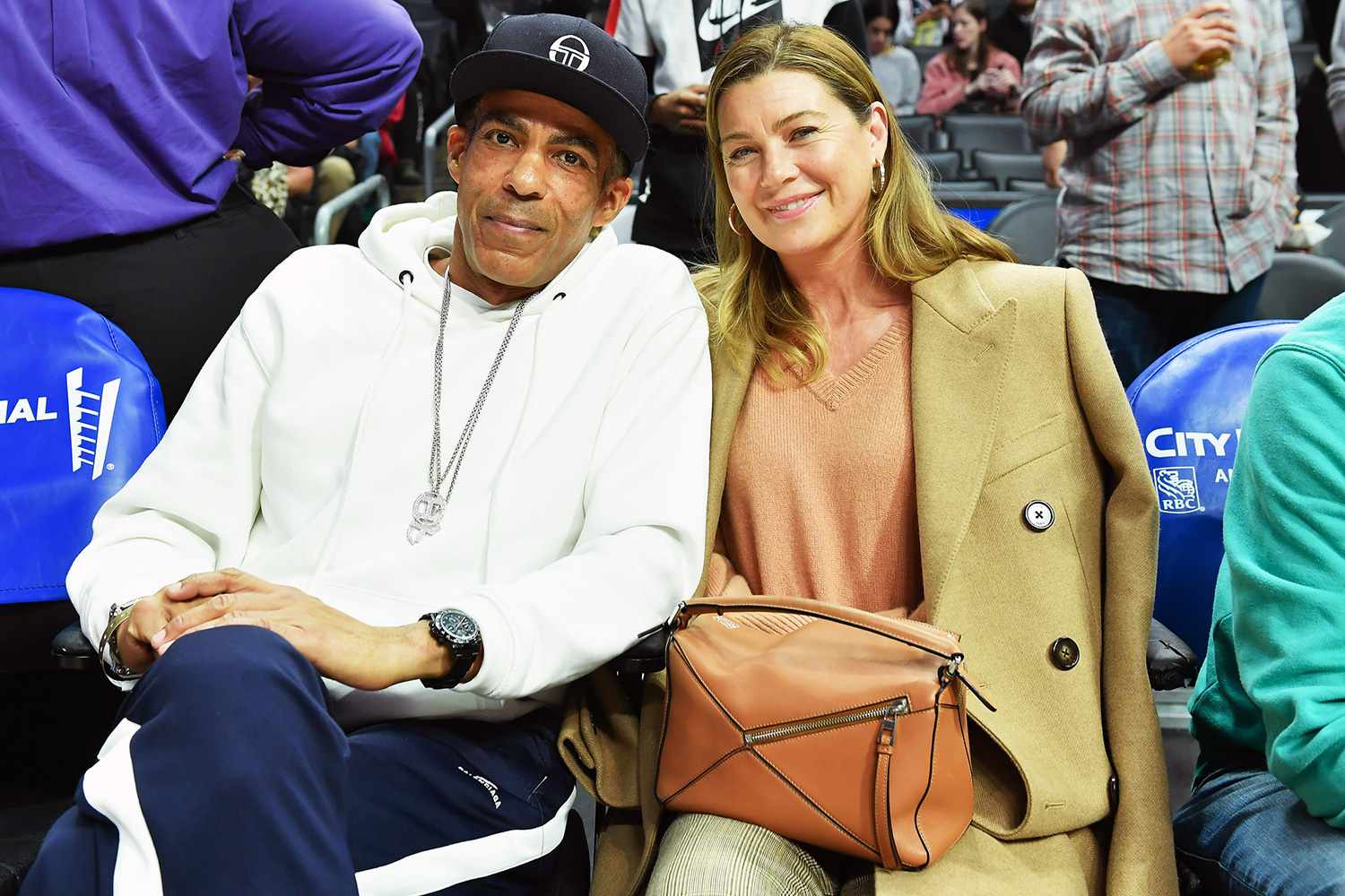 Chris Ivery and Ellen Pompeo attend a basketball game between the Los Angeles Clippers and Cleveland Cavaliers at Staples Center on January 14, 2020 in Los Angeles, California