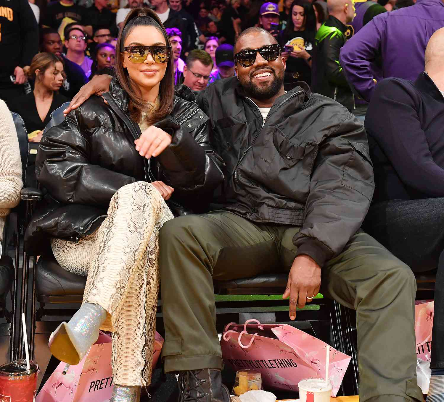 Kim Kardashian and Kanye West attend a basketball game between the Los Angeles Lakers and the Cleveland Cavaliers at Staples Center on January 13, 2020 in Los Angeles, California