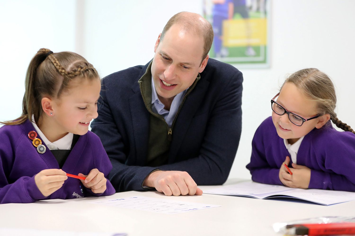 Prince William, Duke of Cambridge plays Emoji Bingo with kids of Springwell Park Community Primary School during his visit at Everton Football Club's official charity Everton in the Community as part of the Heads Up campaign on January 30, 2020 in Liverpool