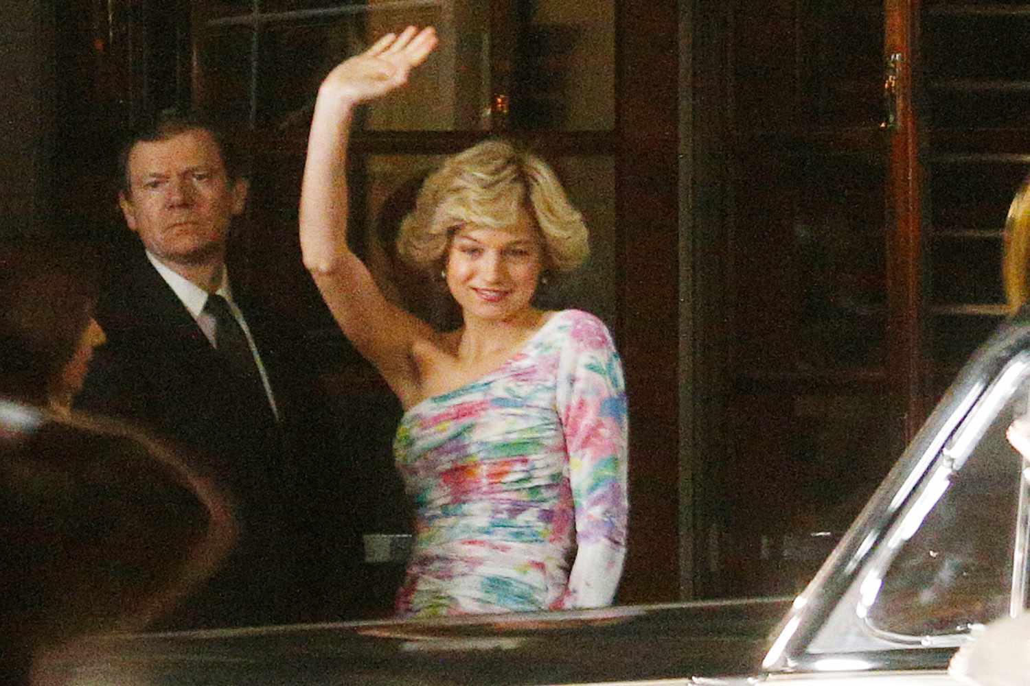 Emma Corrin recreates Princess Diana&rsquo;s arrival at the Bernado&rsquo;s Champion Awards arrival at the Savoy Hotel while the paparazzi take her picture for the hit Netflix show &lsquo;The Crown&rsquo; in London, England
