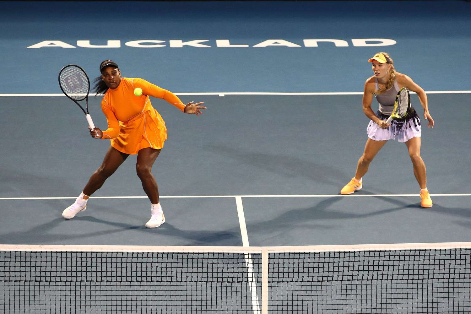 Serena Williams of the USA (L) and Caroline Wozniacki