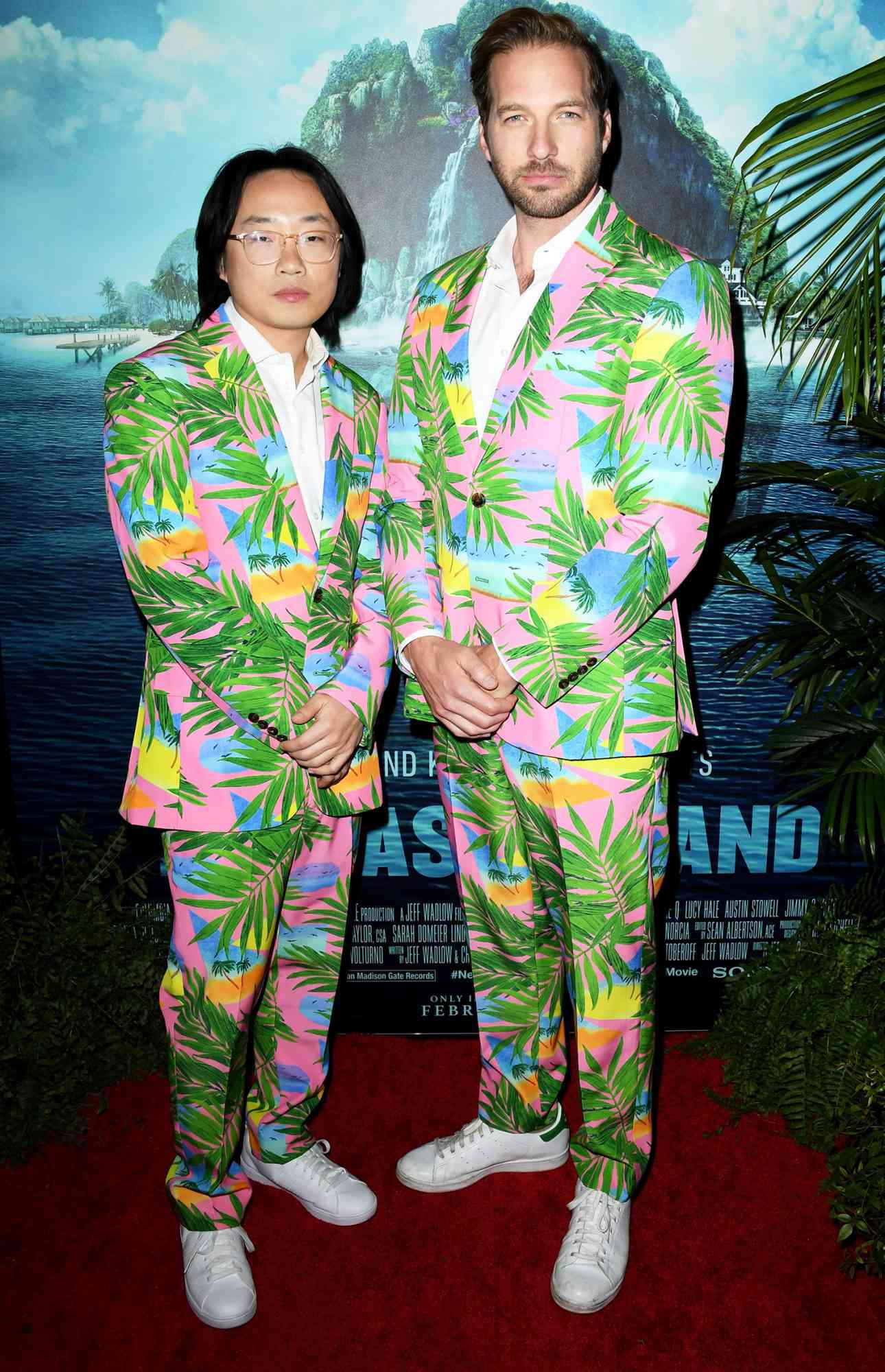 Jimmy O. Yang and Ryan Hansen attend the premiere of Columbia Pictures' "Blumhouse's Fantasy Island" at AMC Century City 15 on February 11, 2020 in Century City, California
