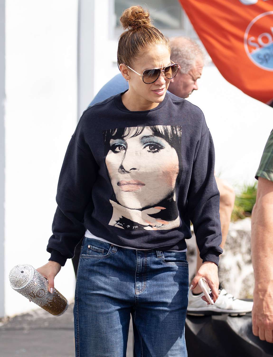 Jennifer Lopez channels her inner Barbara Streisand with a sweatshirt showing the icon