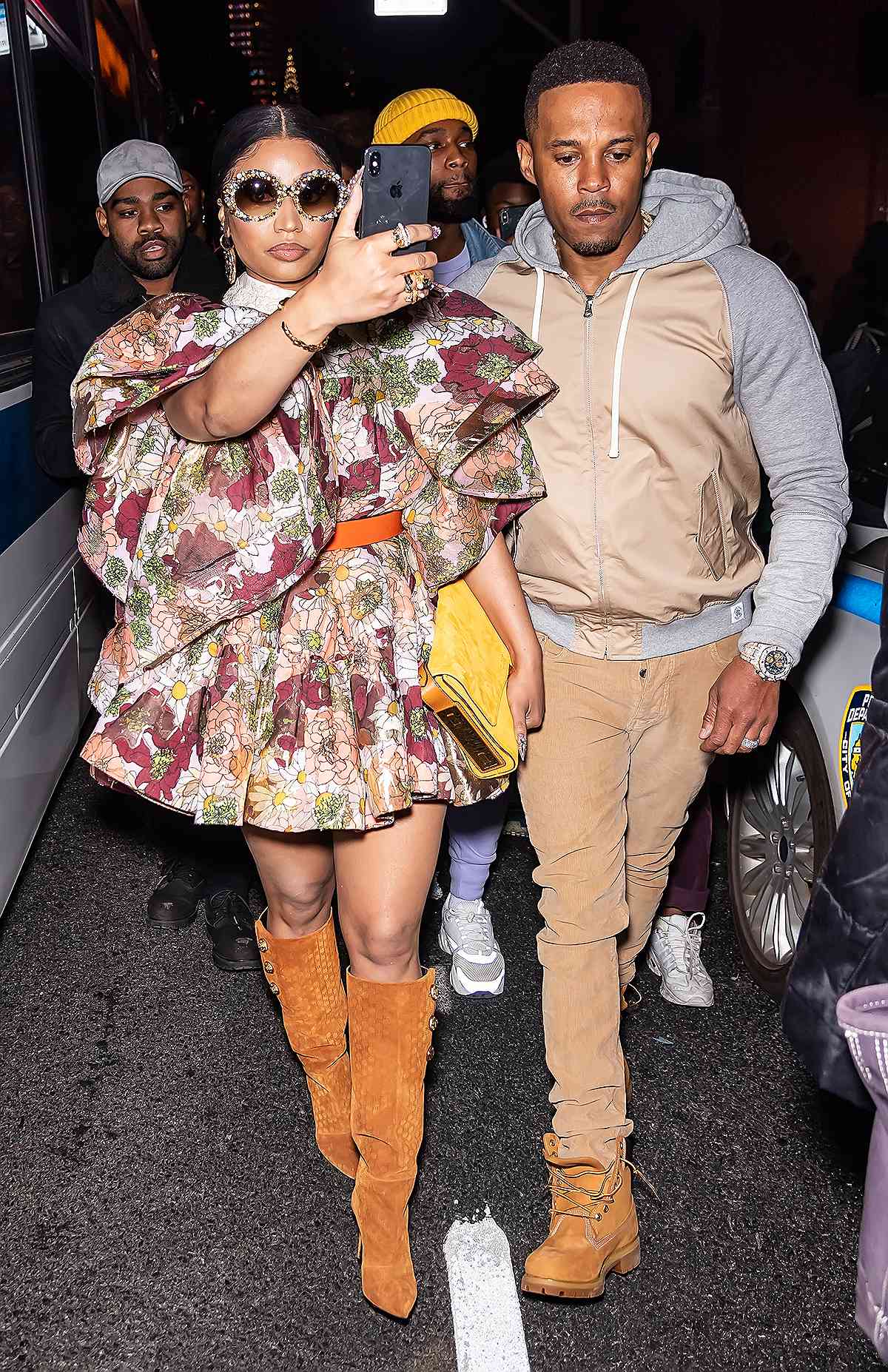 Rapper Nicki Minaj and Kenneth Petty are seen leaving the Marc Jacobs Fall 2020 runway show during New York Fashion Week on February 12, 2020