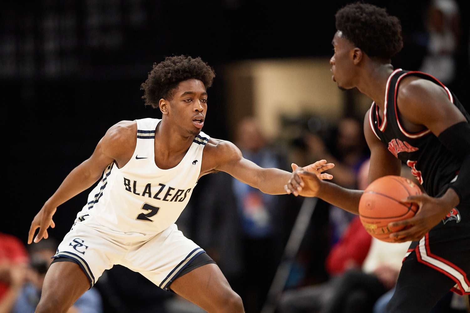 Zaire Wade #2 of Sierra Canyon Trailblazers defends against Prince Aligbe #10 of Minnehaha Academy Red Hawks during the game at Target Center on January 04, 2020 in Minneapolis, Minnesota