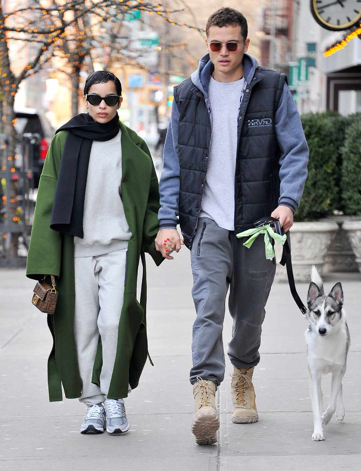 Zoe Kravitz and Karl Glusman hold hands while walking their dog in New York City