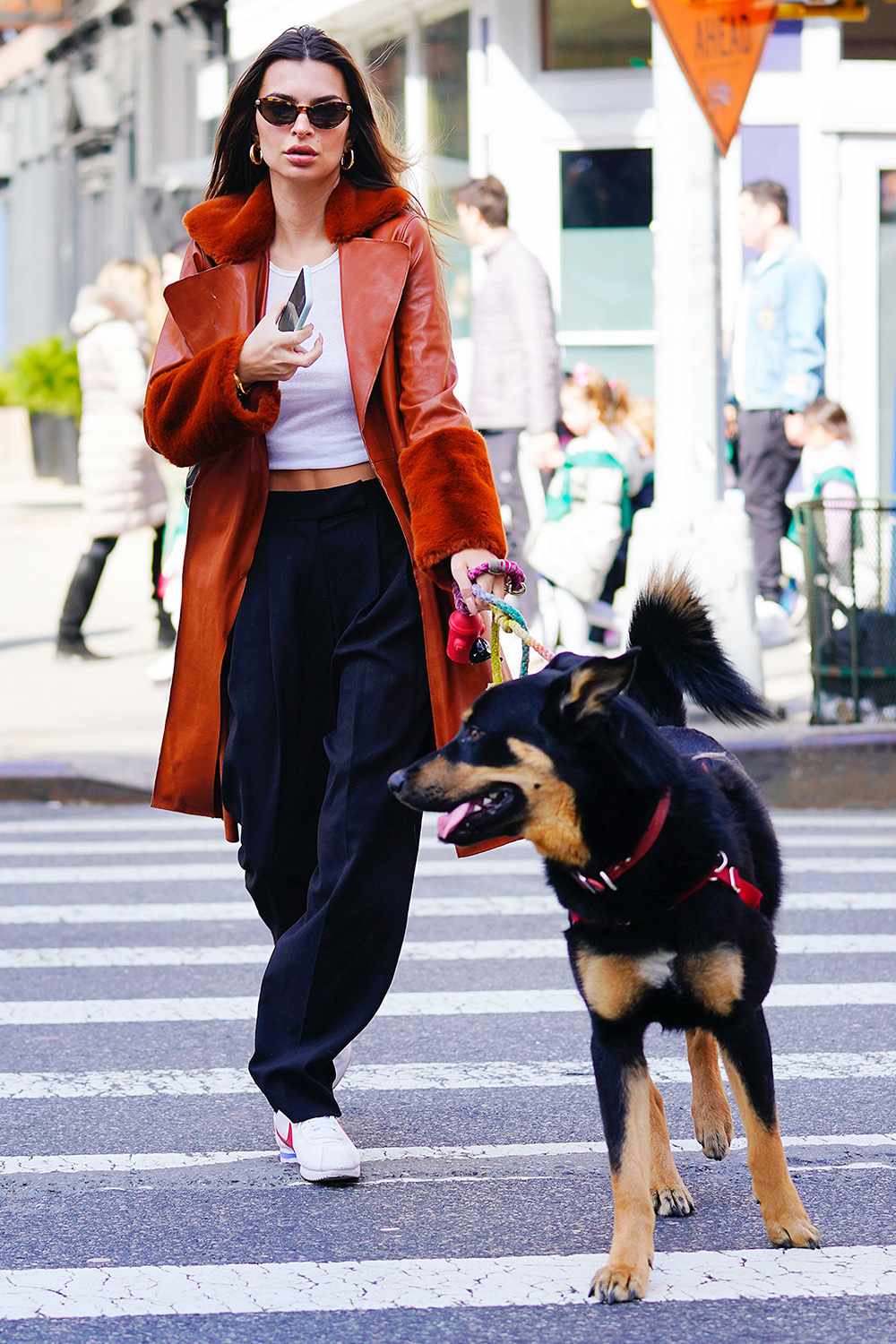 Emily Ratajkowski walks her dog Bear on March 02, 2020