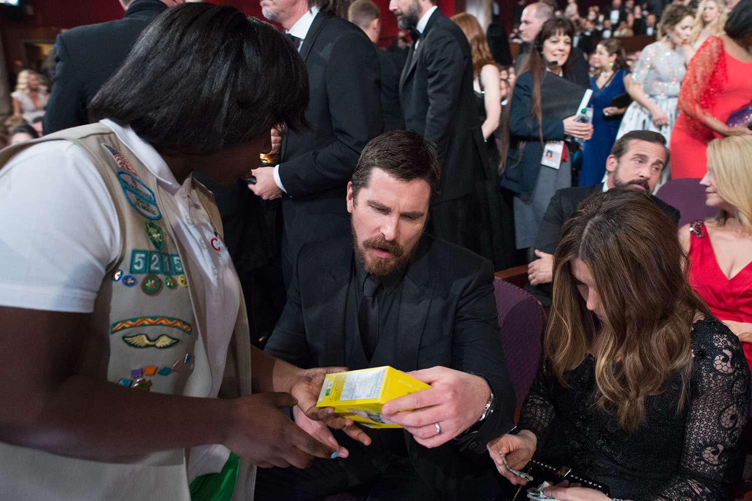 Oscar&reg;-nominee Christian Bale and Sibi Blazic buy Girl Scout Cookies during the live ABC Telecast of The 88th Oscars&reg; at the Dolby&reg; Theatre in Hollywood, CA on Sunday, February 28, 2016.