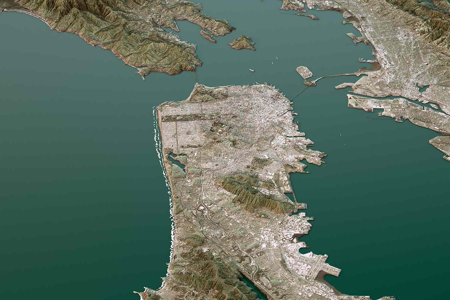 3D Render of a Topographic Map of San Francisco Peninsula, Bay Area, California, USA.