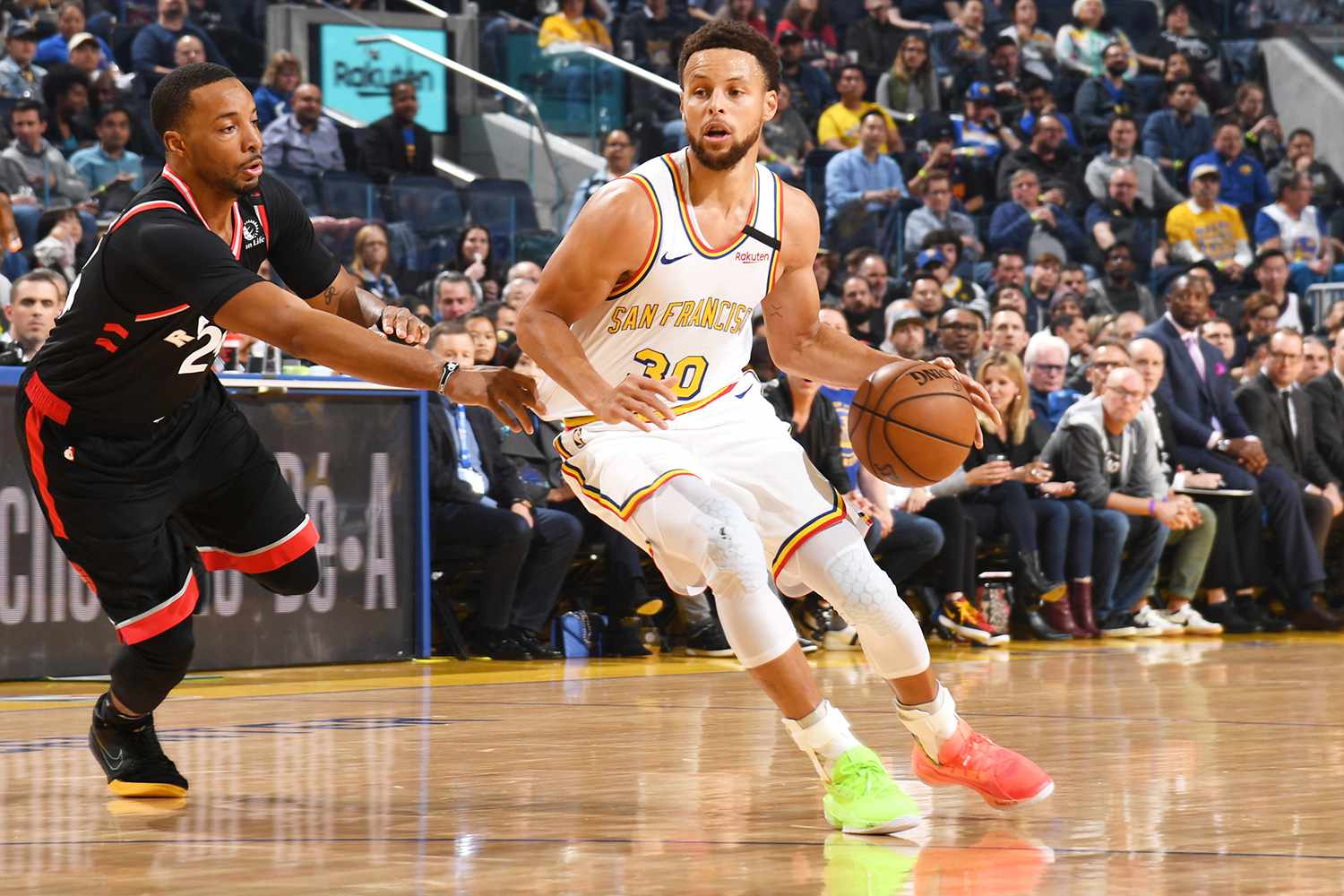 Stephen Curry #30 of the Golden State Warriors drives to the basket against the Toronto Raptors on March 5, 2020 at Chase Center in San Francisco, California