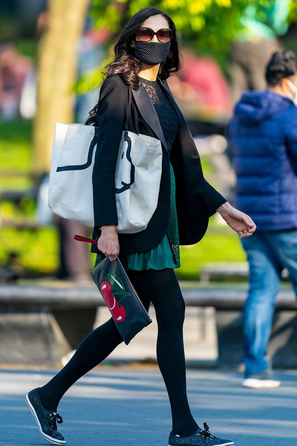 Famke Janssen is seen in Washington Square Park on May 10, 2020 in New York City