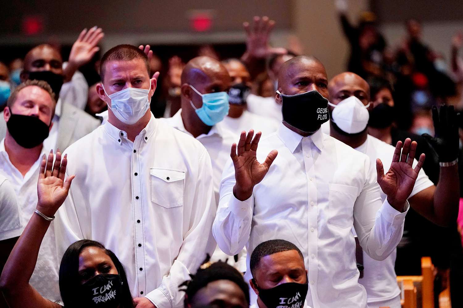 Channing Tatum (L) and Jamie Foxx (R) take part in the funeral of George Floyd on June 9, 2020, at The Fountain of Praise church in Houston, Texas