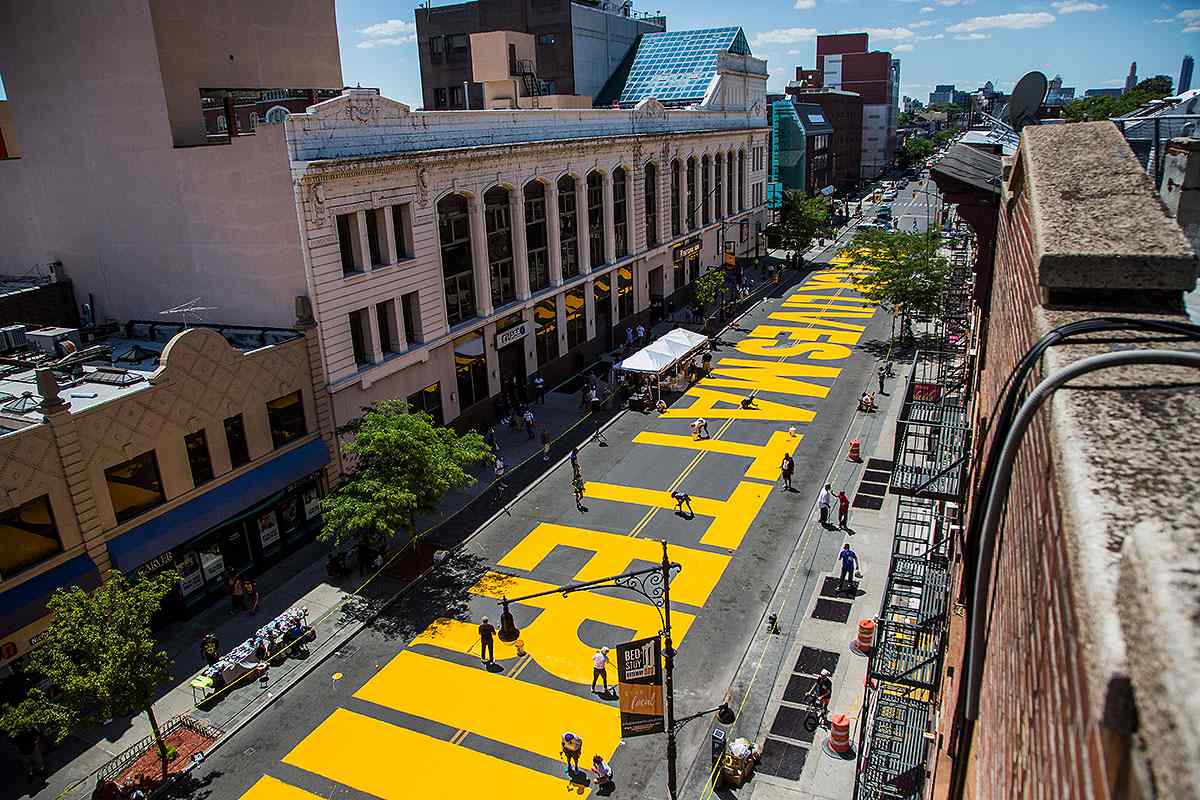 NEW YORK, NEW YORK - June 14: View of the "Black Lives Matter" mural painted on Fulton St in the Bedford - Stuyvesant neighborhood on June 14, 2020 in Brooklyn, NY