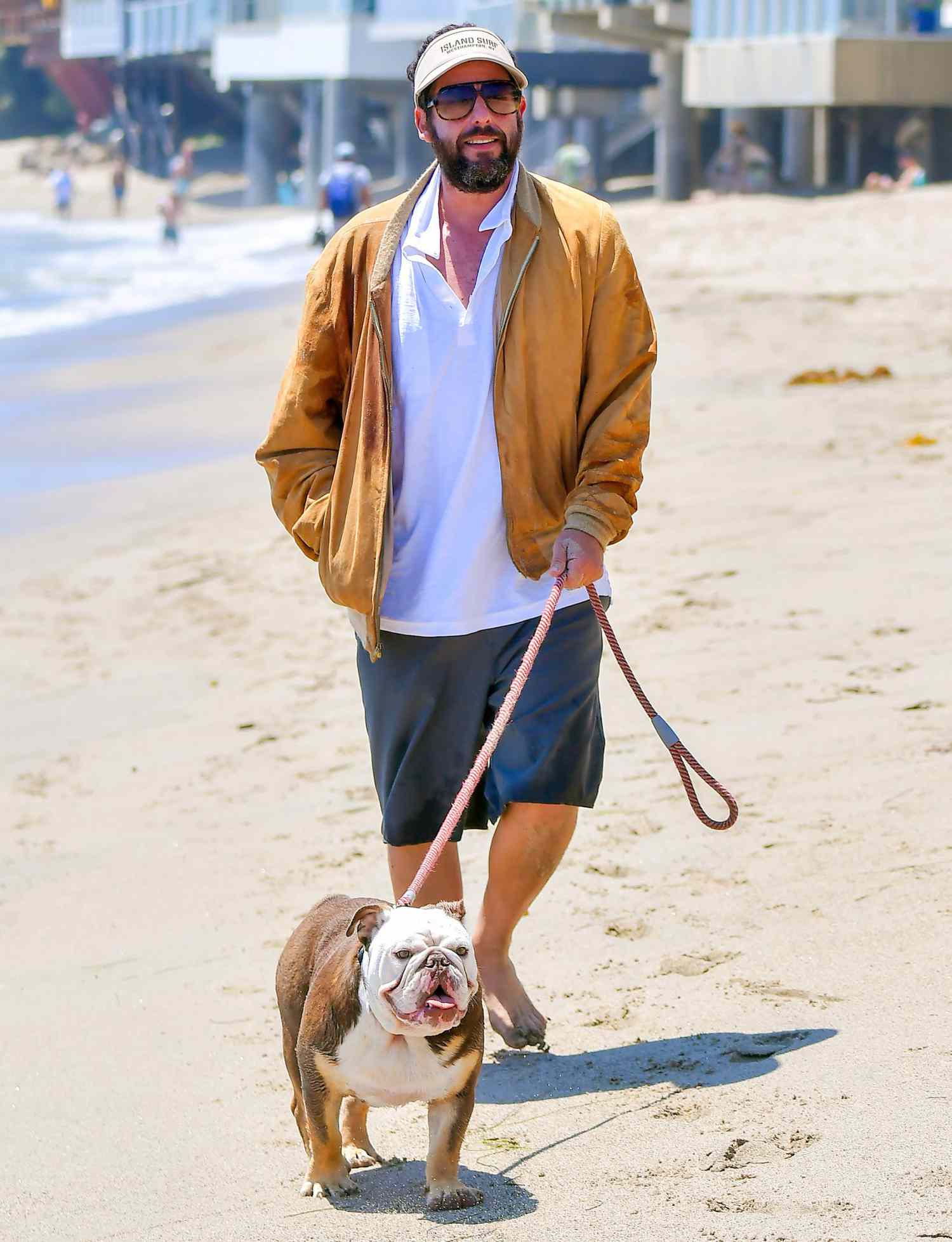 Adam Sandler walks his dog on the beach in Malibu