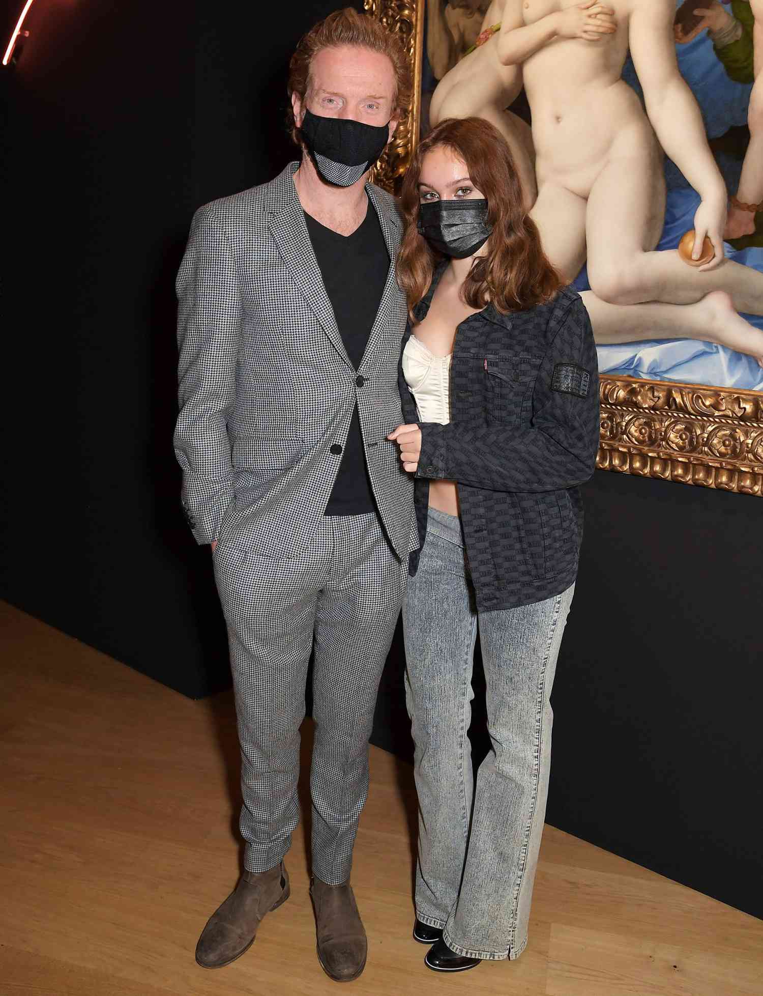 Damian Lewis and Manon McCrory-Lewis attend the private view of the newly opened 'Artemisia' & 'Sin' exhibitions at The National Gallery on October 6, 2020 in London, England